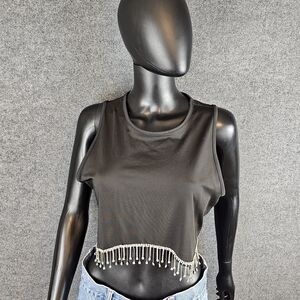 ✨ Glitzy & Glam! Black Rhinestone Fringe Crop Tank - XL - GUC